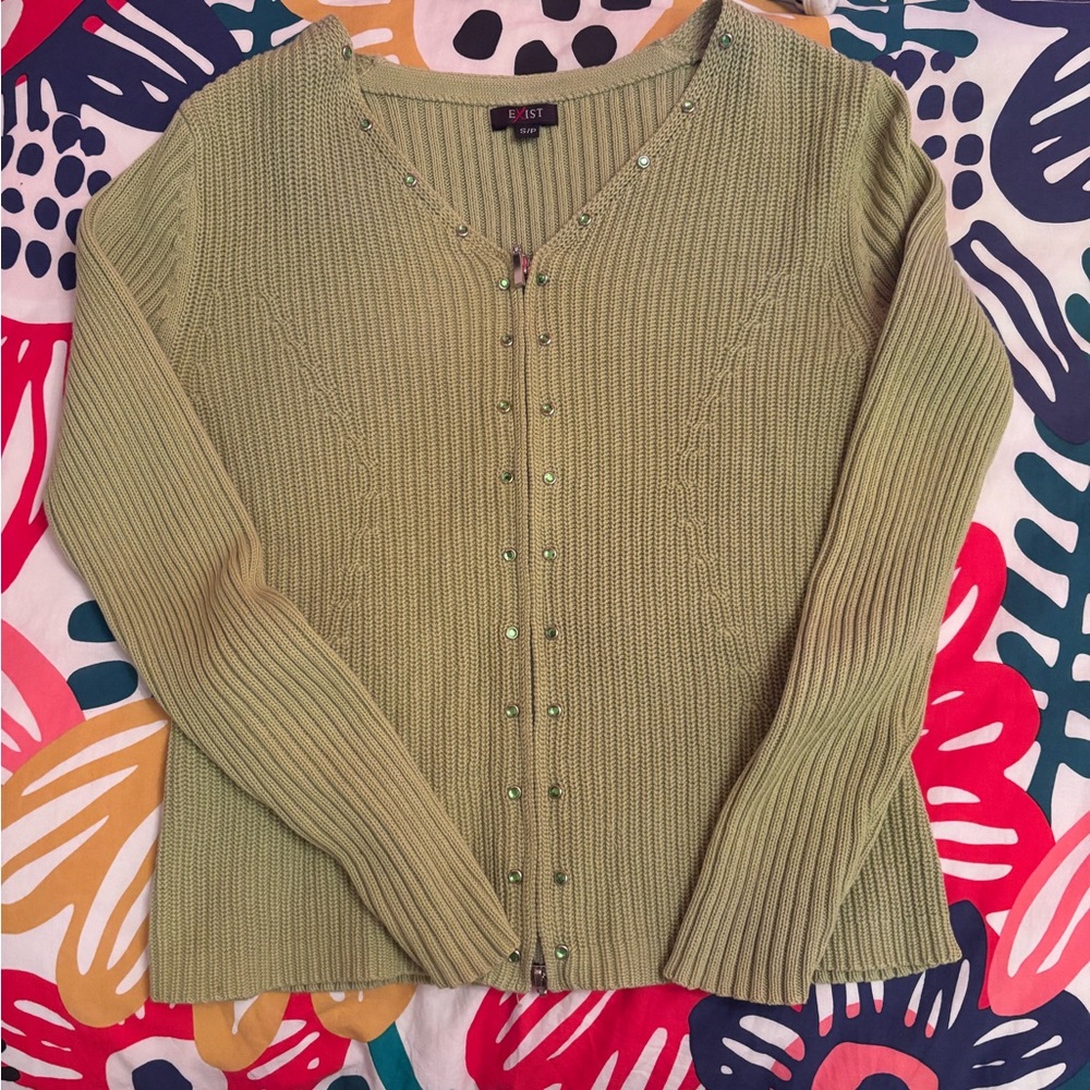 Exist Light Green Women's Cardigan with rhinestones